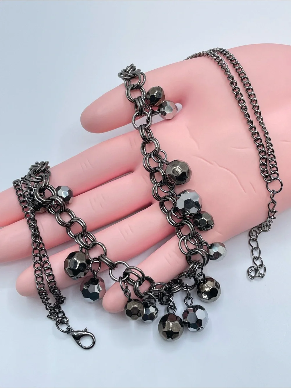 Gunmetal Crystal Glass Bead Dangle Necklace Chunky Statement